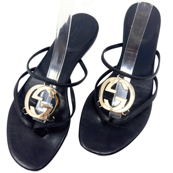 Gucci Shoes - Gucci GG Logo Interlocking Silver Black Leather Flip Flops Flat Sandals EU 36.5